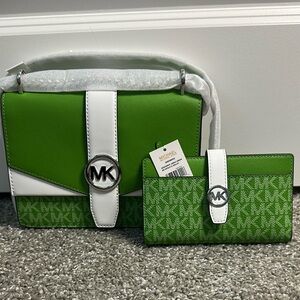 NWT Michael Kors Jungle Green Small Flap Crossbody AND matching Flap Wallet